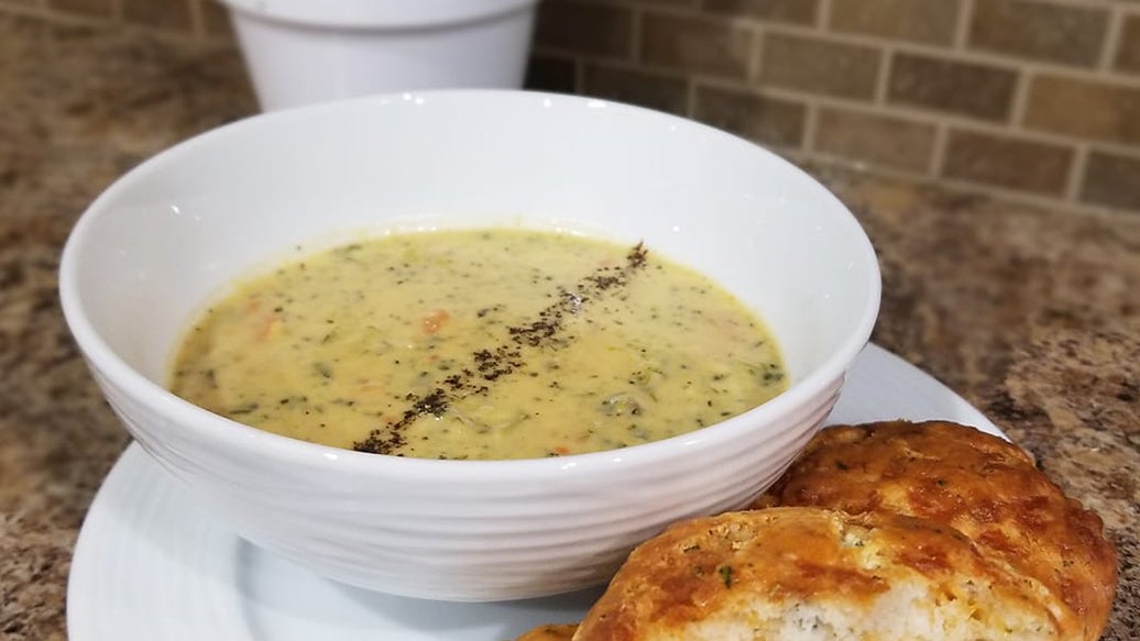 Potato & Broccoli Cheddar Soup with Herb & Cheddar Biscuits