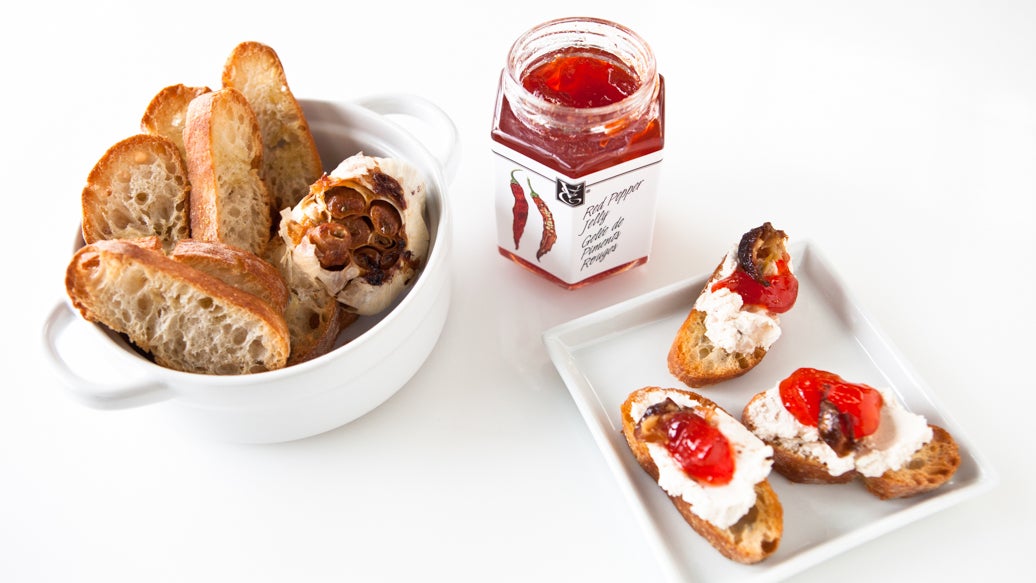 Roasted Garlic & Red Pepper Jelly Crostini