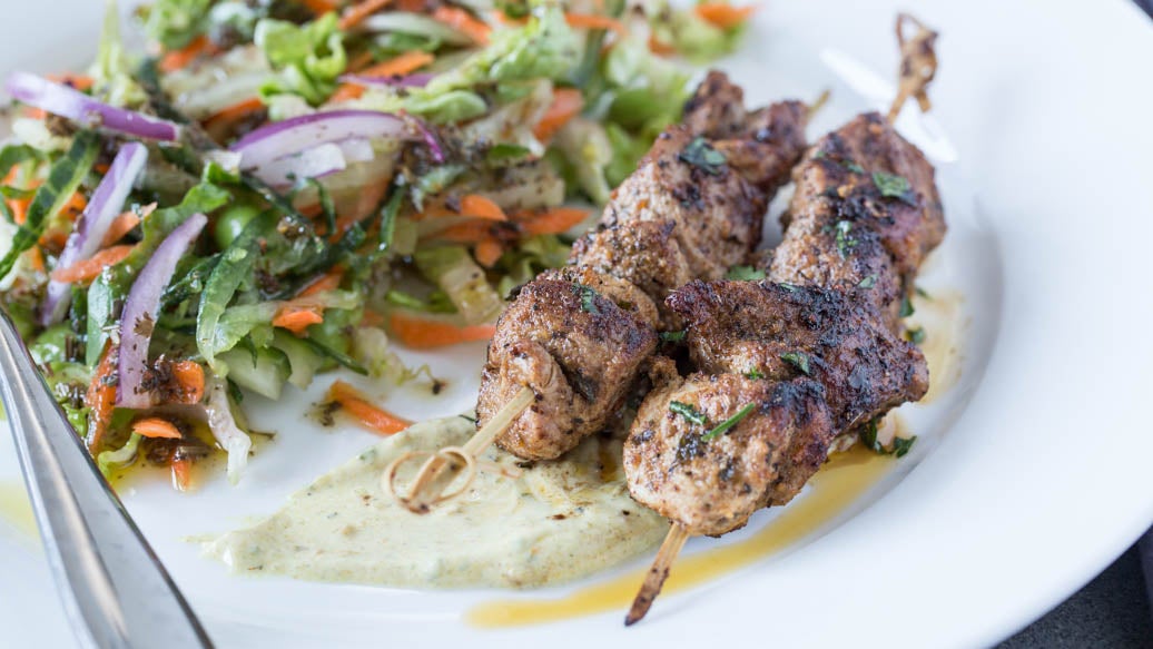 Roasted Kamouraska Lamb Brochettes and Curried Crème Fraîche