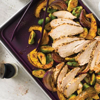 Sheet Pan Turkey, Crispy Brussels Sprouts & Squash