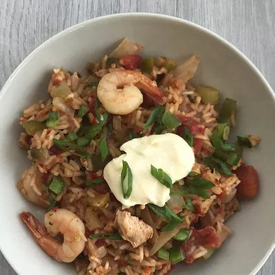 Microwave Chicken 'n Shrimp Jambalaya
