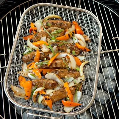 Barbecued Bratwurst with Grilled Onions and Peppers