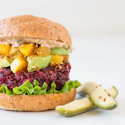 Beet Burger with Avocado Peach Salsa