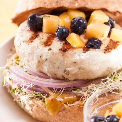 Chicken Burgers with Mango and Blueberry Salsa