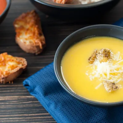 Harvest Pumpkin Soup with Swiss Cheese & Garlic Croutons