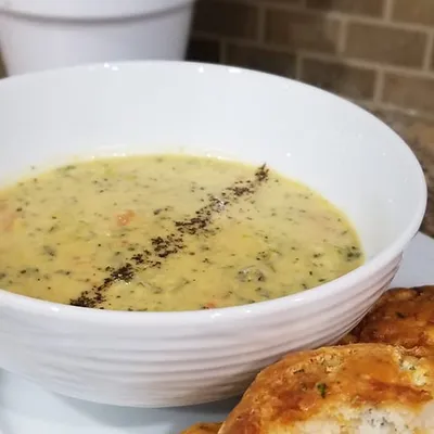 Potato & Broccoli Cheddar Soup with Herb & Cheddar Biscuits 